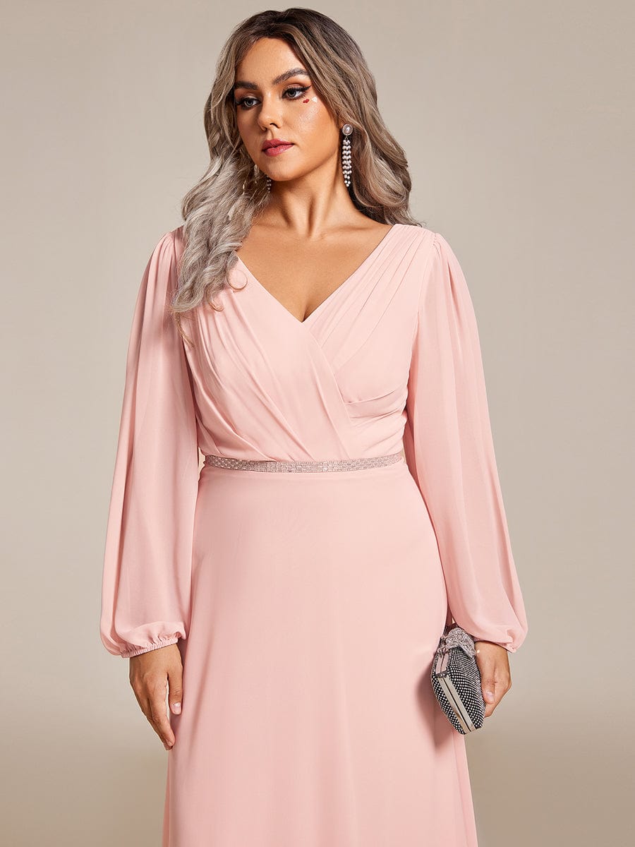Curve-Enhancing V-Neck Sheer-Sleeved A-Line Chiffon Evening Gown