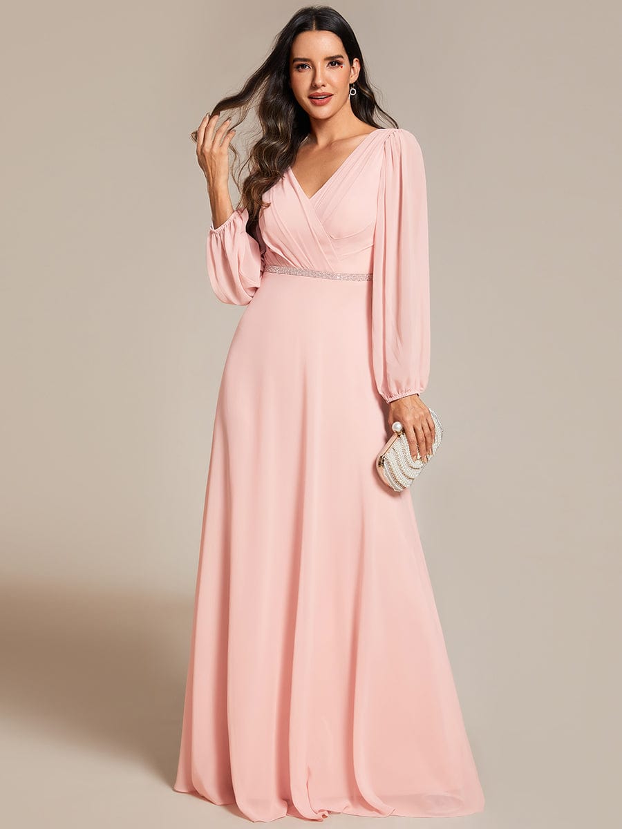 Shiny Belt V-Neck Chiffon Evening Gown with Pleats