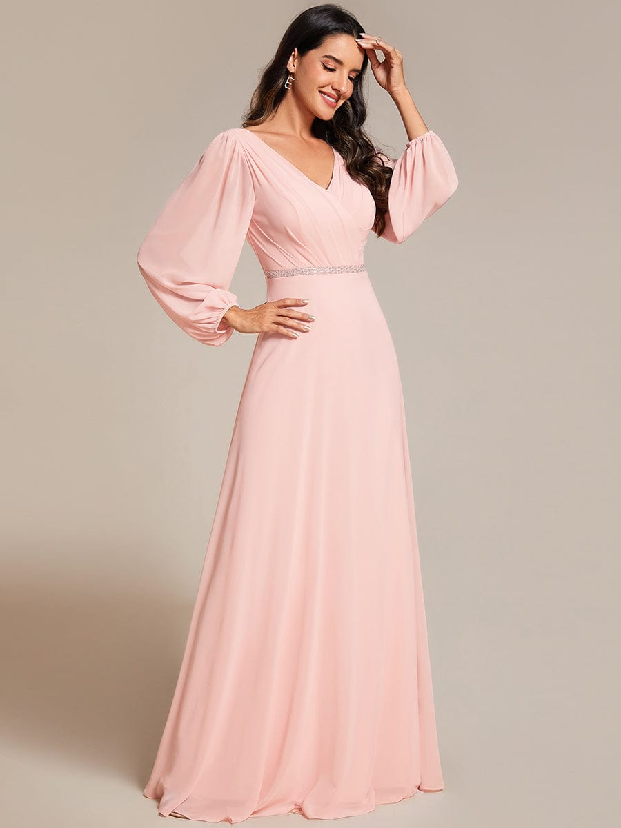 Shiny Belt V-Neck Chiffon Evening Gown with Pleats