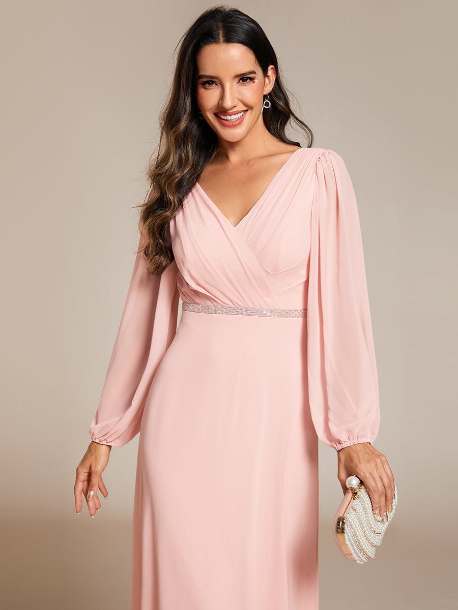 Shiny Belt V-Neck Chiffon Evening Gown with Pleats