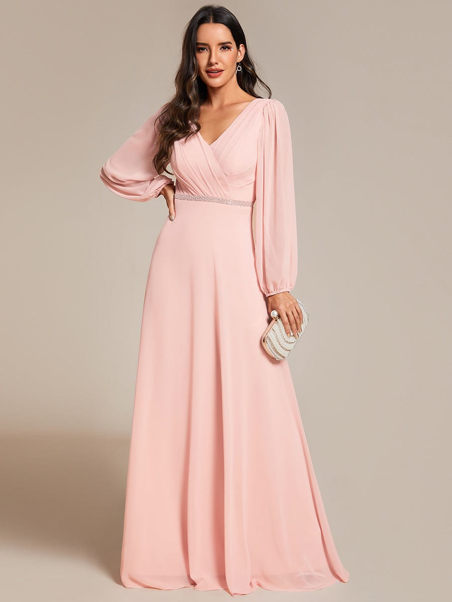 Shiny Belt V-Neck Chiffon Evening Gown with Pleats