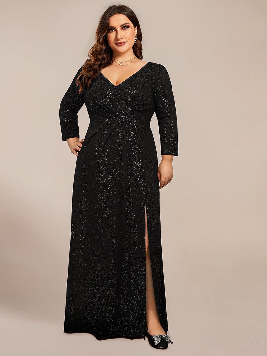 Elegant Plus Size Sequin Evening Gown with Long Sleeves and Double V-Neck