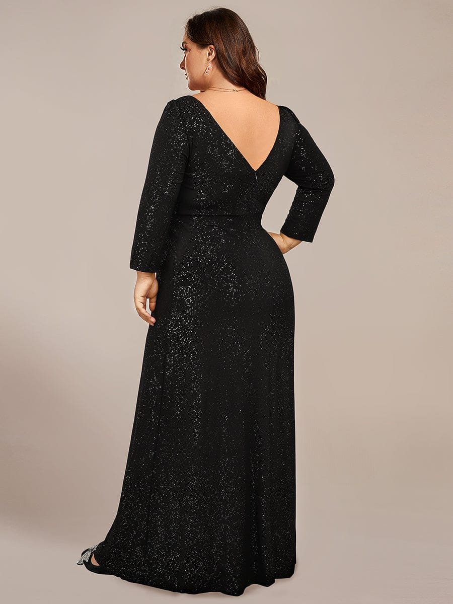 Elegant Plus Size Sequin Evening Gown with Long Sleeves and Double V-Neck