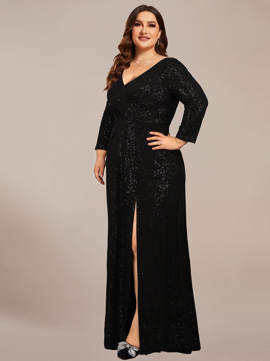 Elegant Plus Size Sequin Evening Gown with Long Sleeves and Double V-Neck