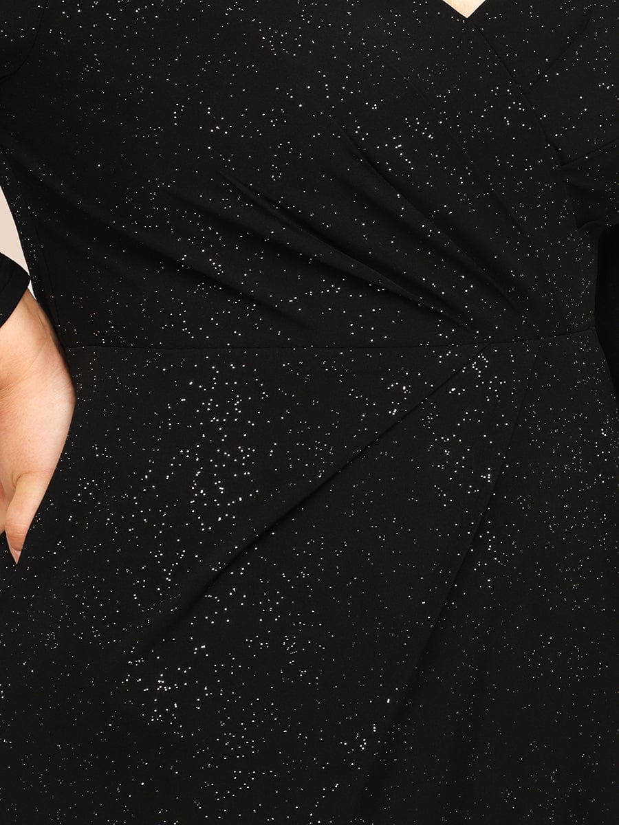 Elegant Plus Size Sequin Evening Gown with Long Sleeves and Double V-Neck