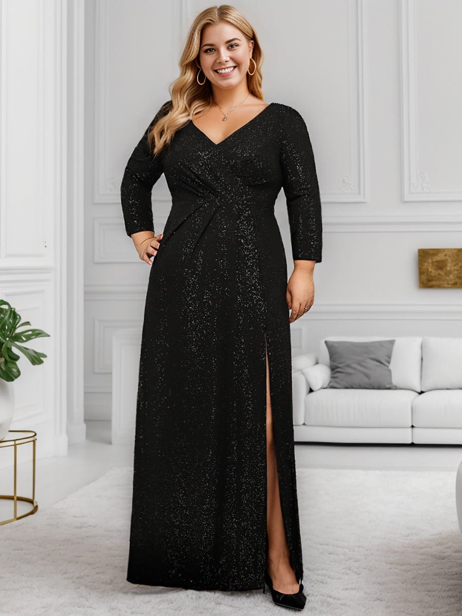 Elegant Plus Size Sequin Evening Gown with Long Sleeves and Double V-Neck
