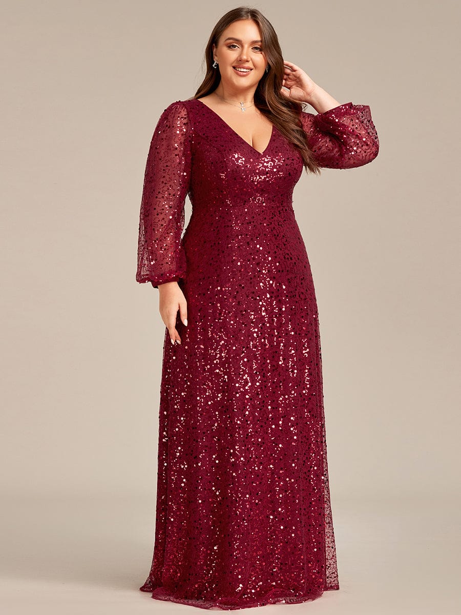 V-Neck Sequin A-Line Evening Dress with Lantern Sleeves for Plus Size Women