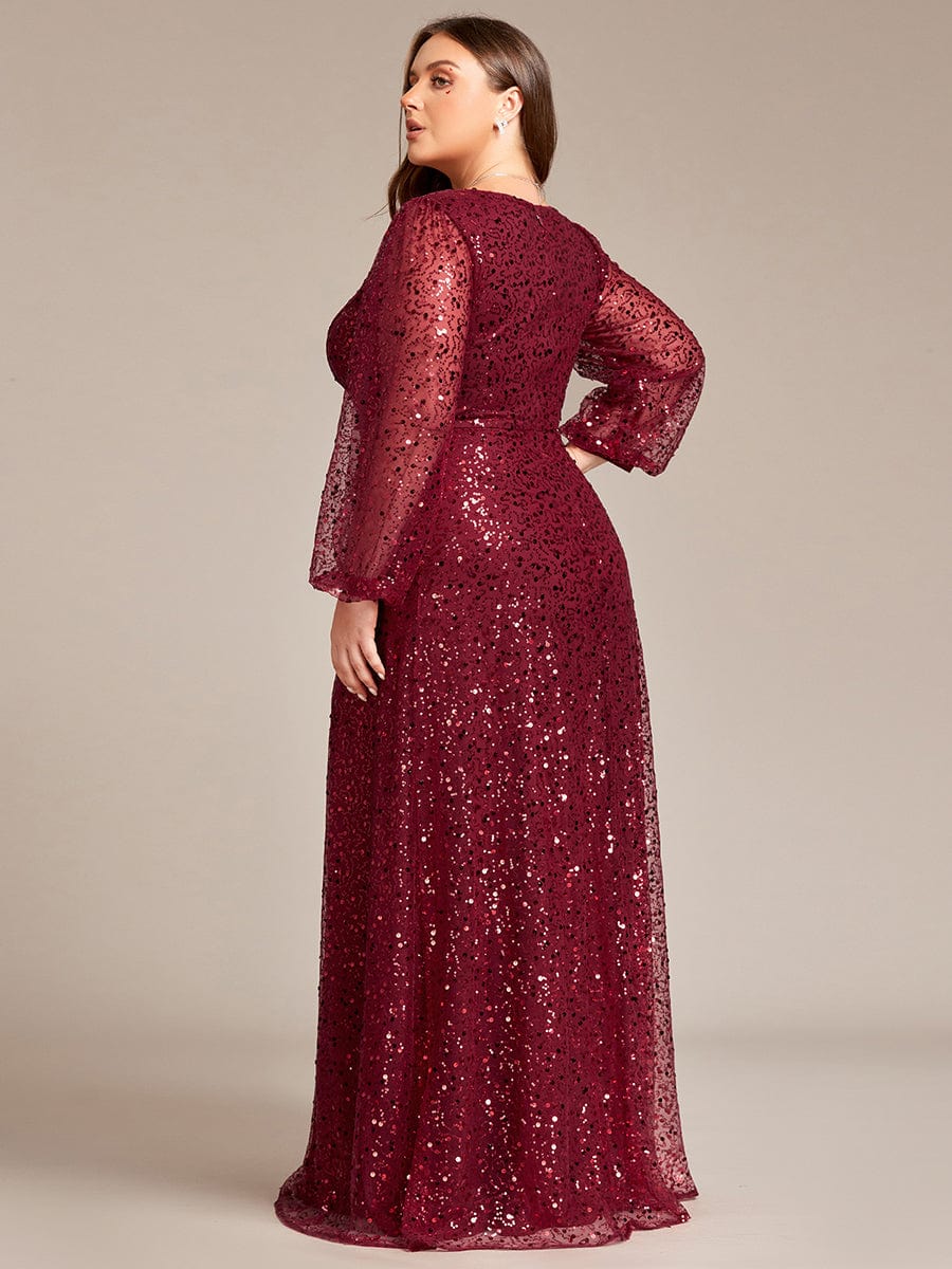 V-Neck Sequin A-Line Evening Dress with Lantern Sleeves for Plus Size Women
