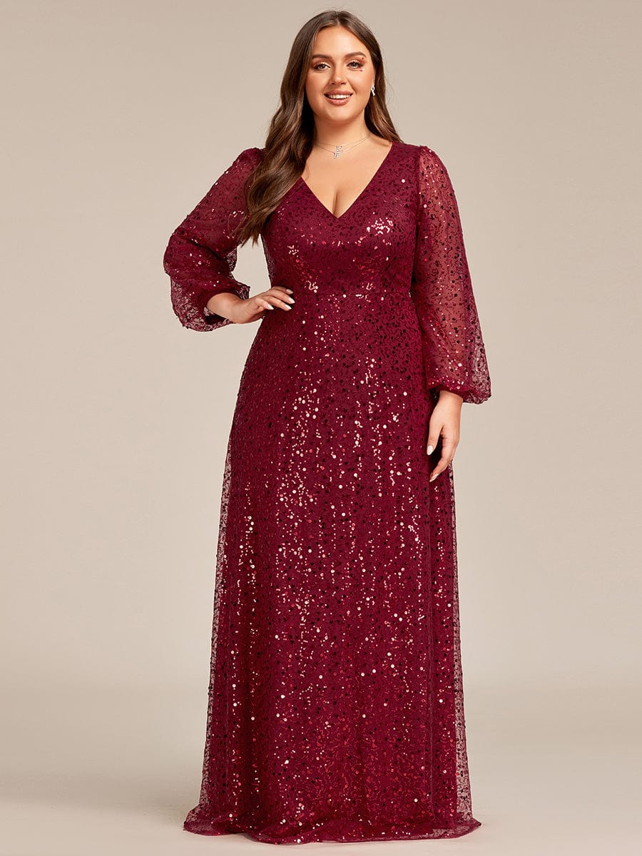 V-Neck Sequin A-Line Evening Dress with Lantern Sleeves for Plus Size Women