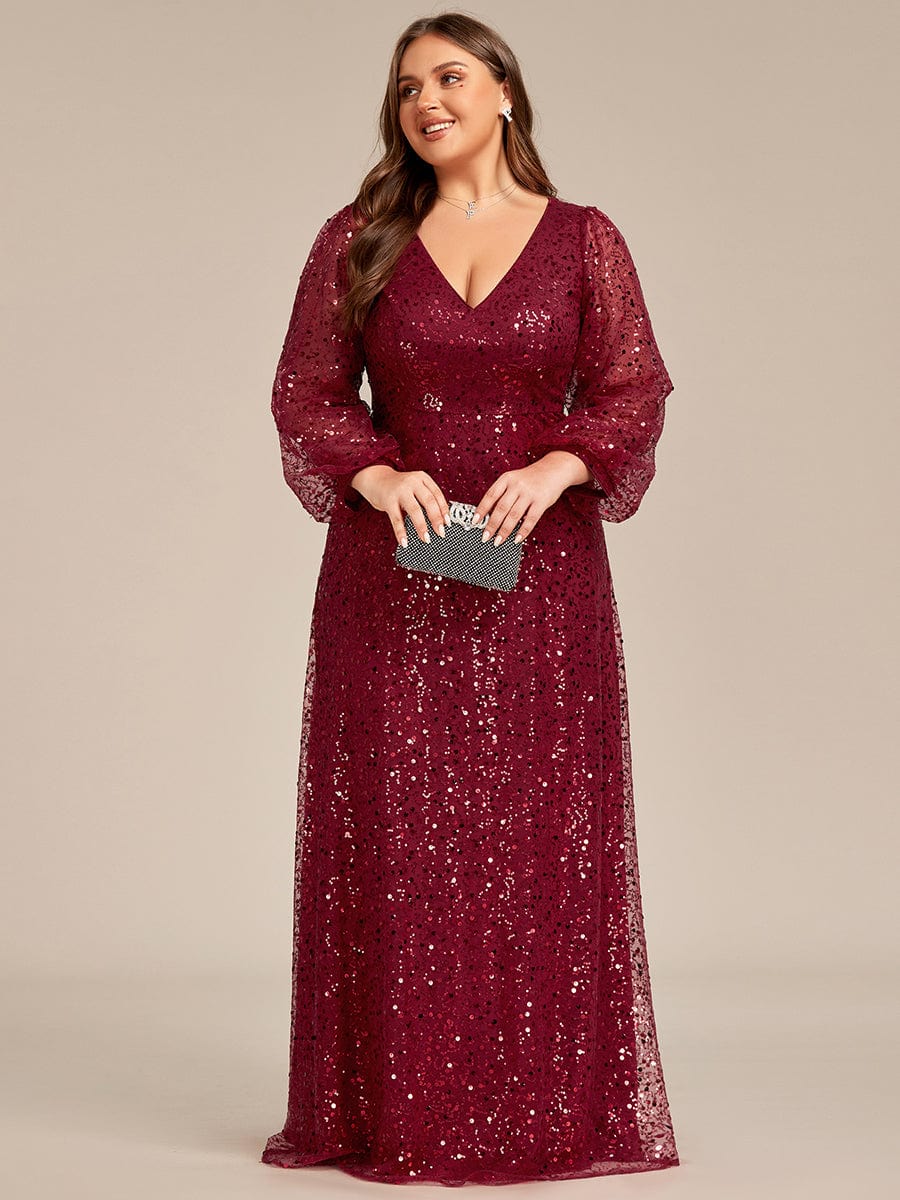 V-Neck Sequin A-Line Evening Dress with Lantern Sleeves for Plus Size Women