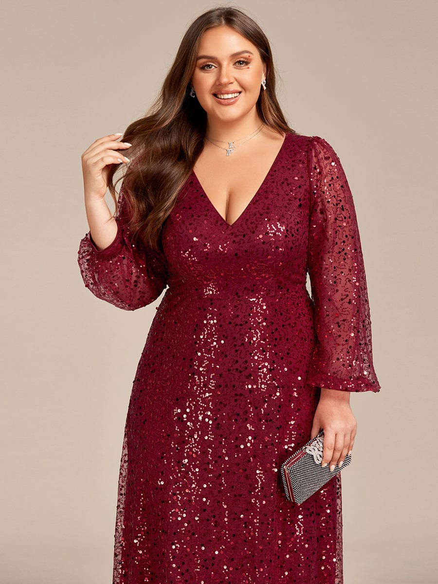 V-Neck Sequin A-Line Evening Dress with Lantern Sleeves for Plus Size Women