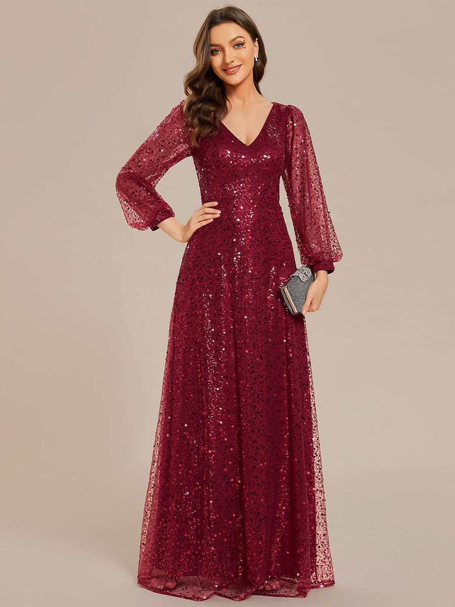 Glimmering V-Neck Sequin A-Line Evening Gown with Long Lantern Sleeves