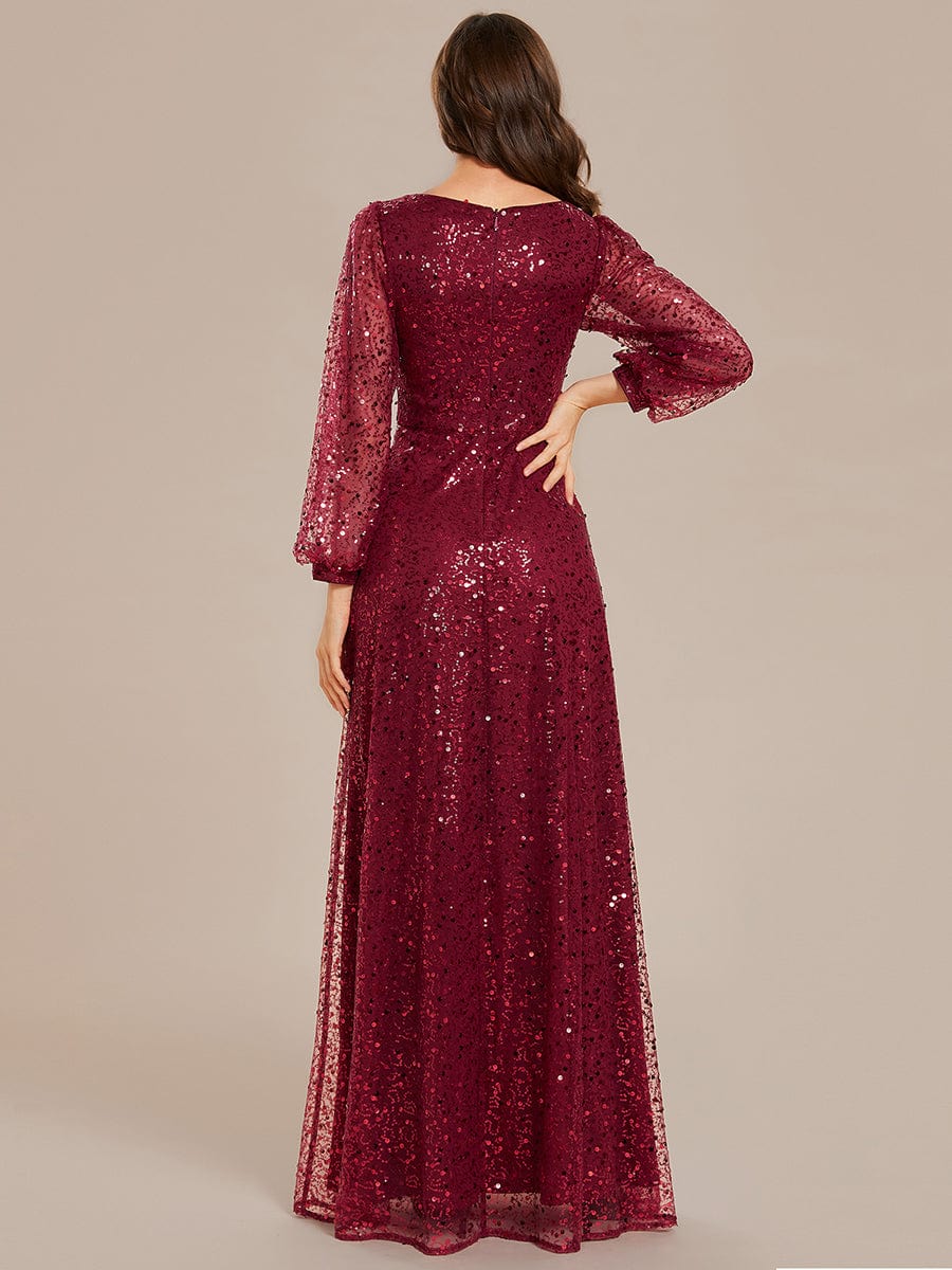 Glimmering V-Neck Sequin A-Line Evening Gown with Long Lantern Sleeves