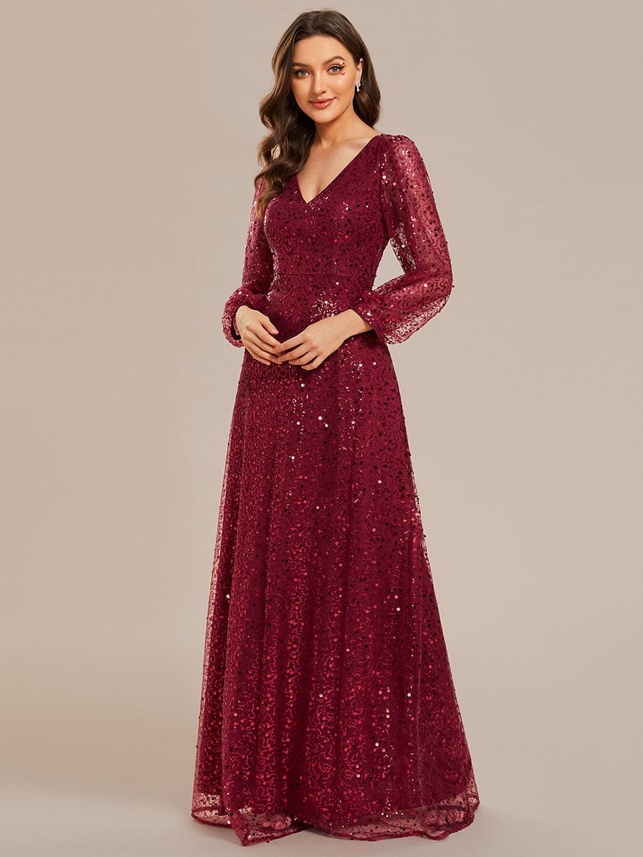 Glimmering V-Neck Sequin A-Line Evening Gown with Long Lantern Sleeves