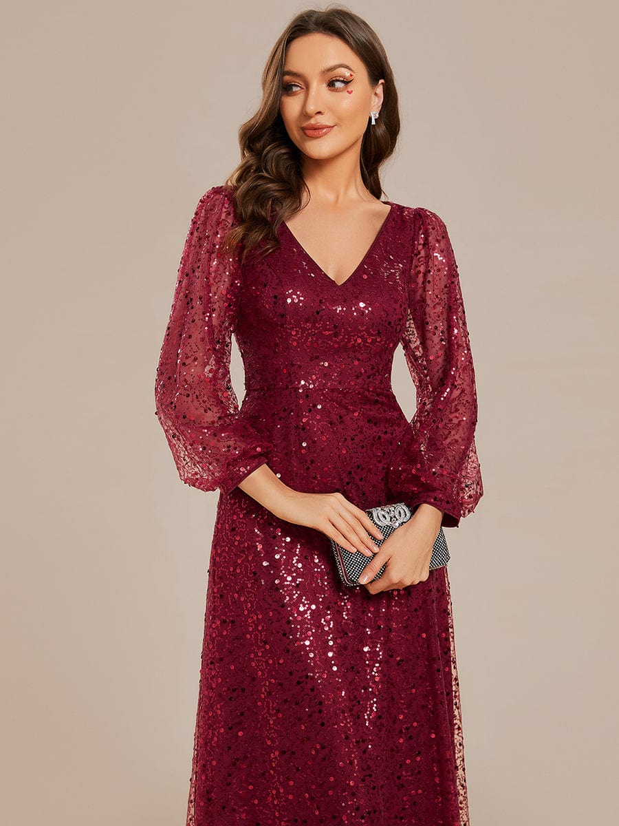 Glimmering V-Neck Sequin A-Line Evening Gown with Long Lantern Sleeves