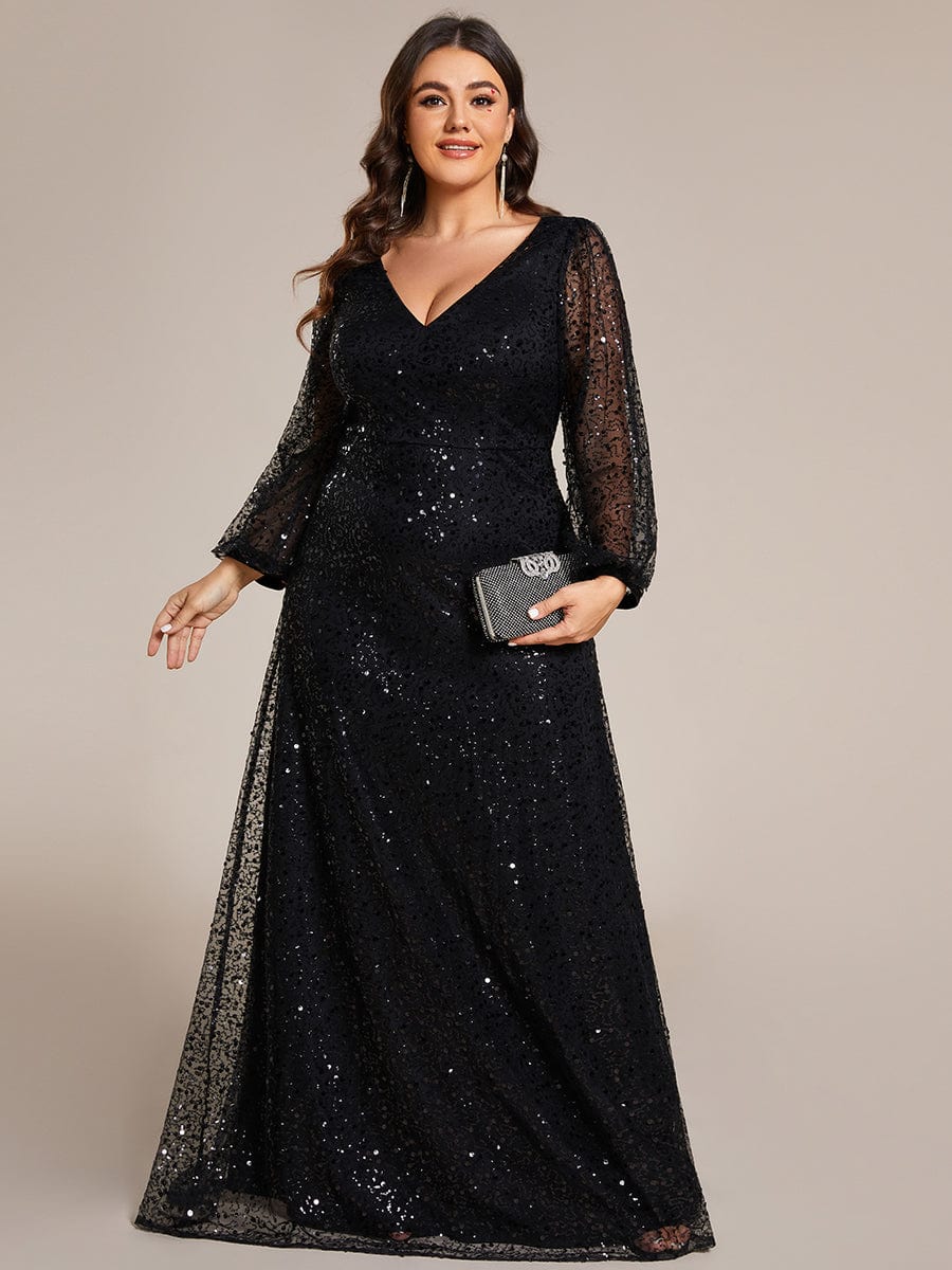 V-Neck Sequin A-Line Evening Dress with Lantern Sleeves for Plus Size Women