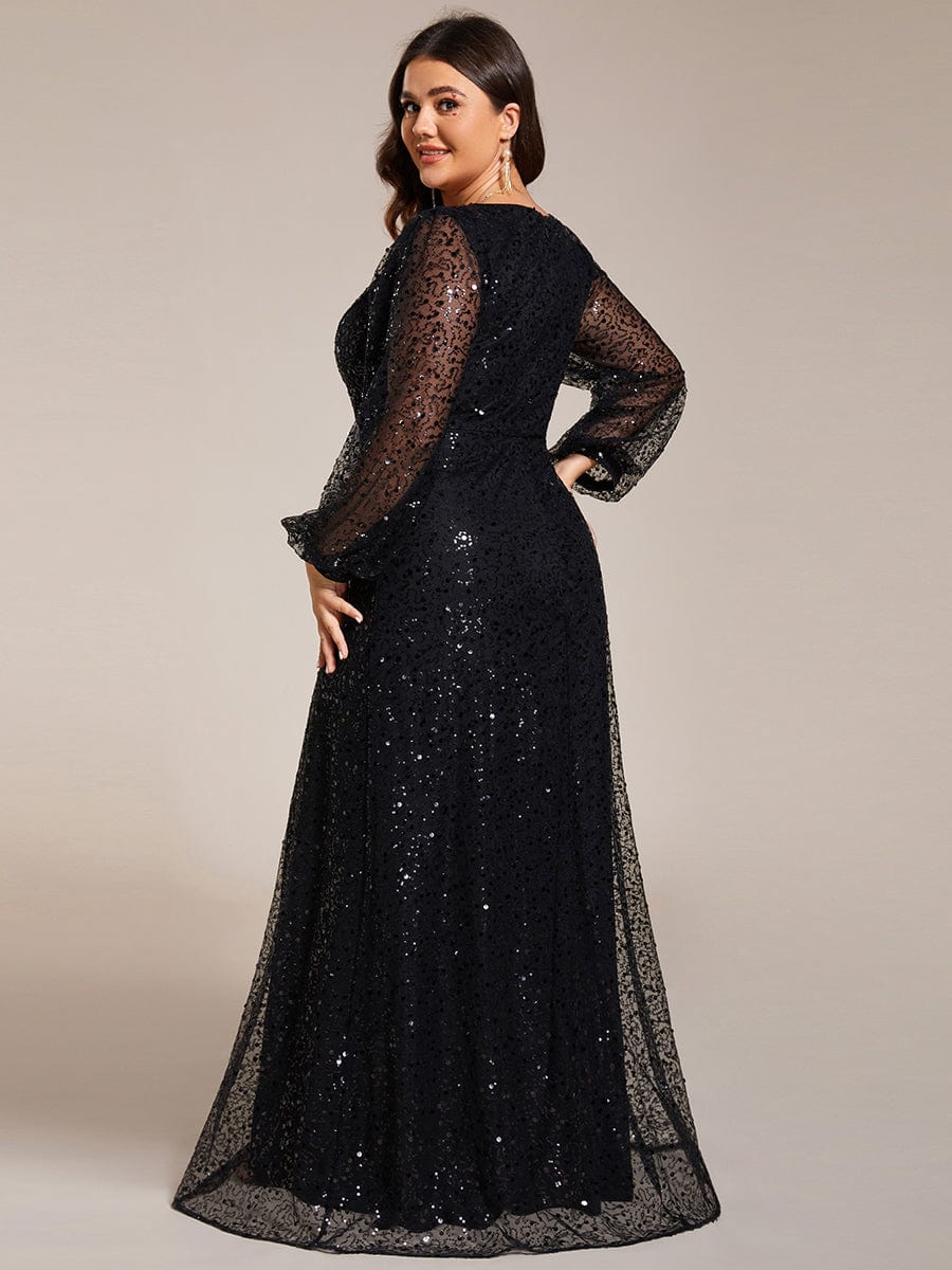 V-Neck Sequin A-Line Evening Dress with Lantern Sleeves for Plus Size Women