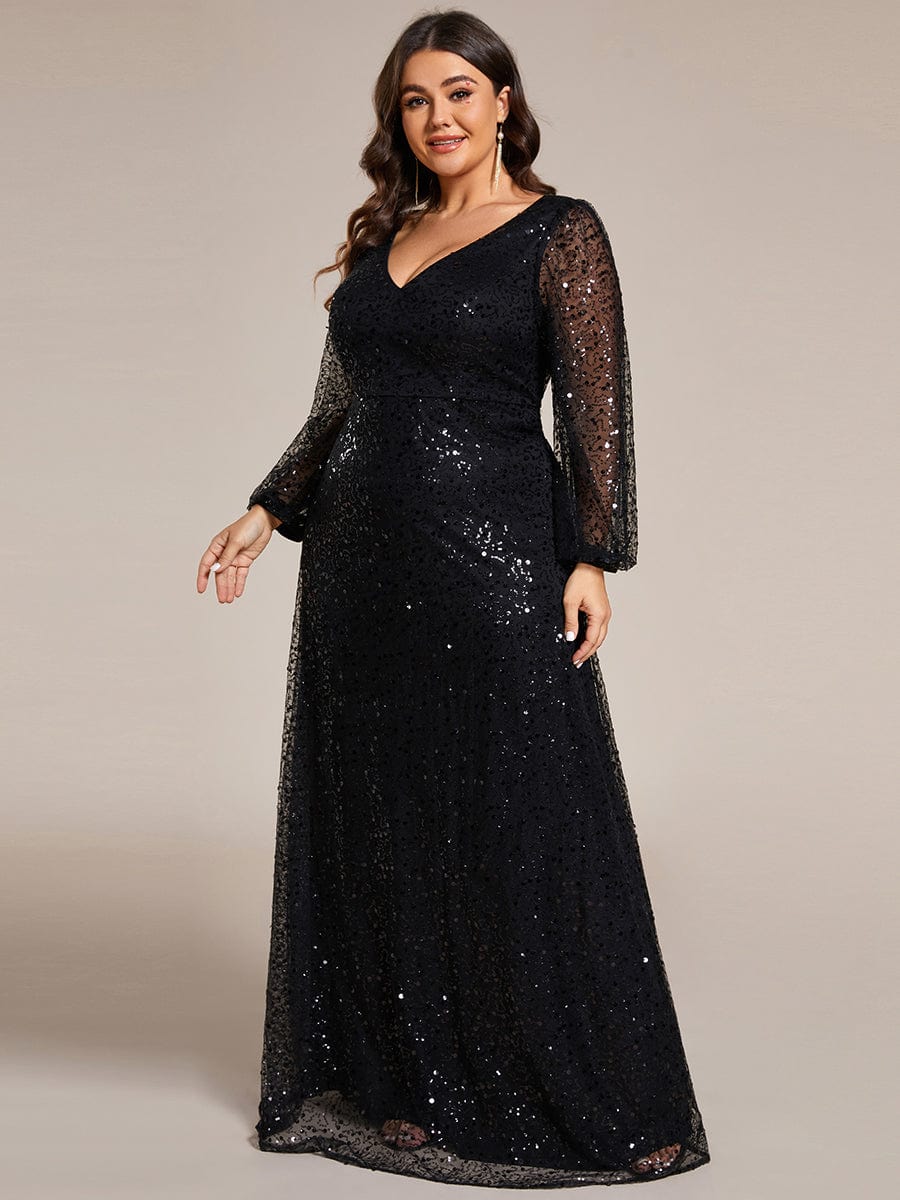 V-Neck Sequin A-Line Evening Dress with Lantern Sleeves for Plus Size Women