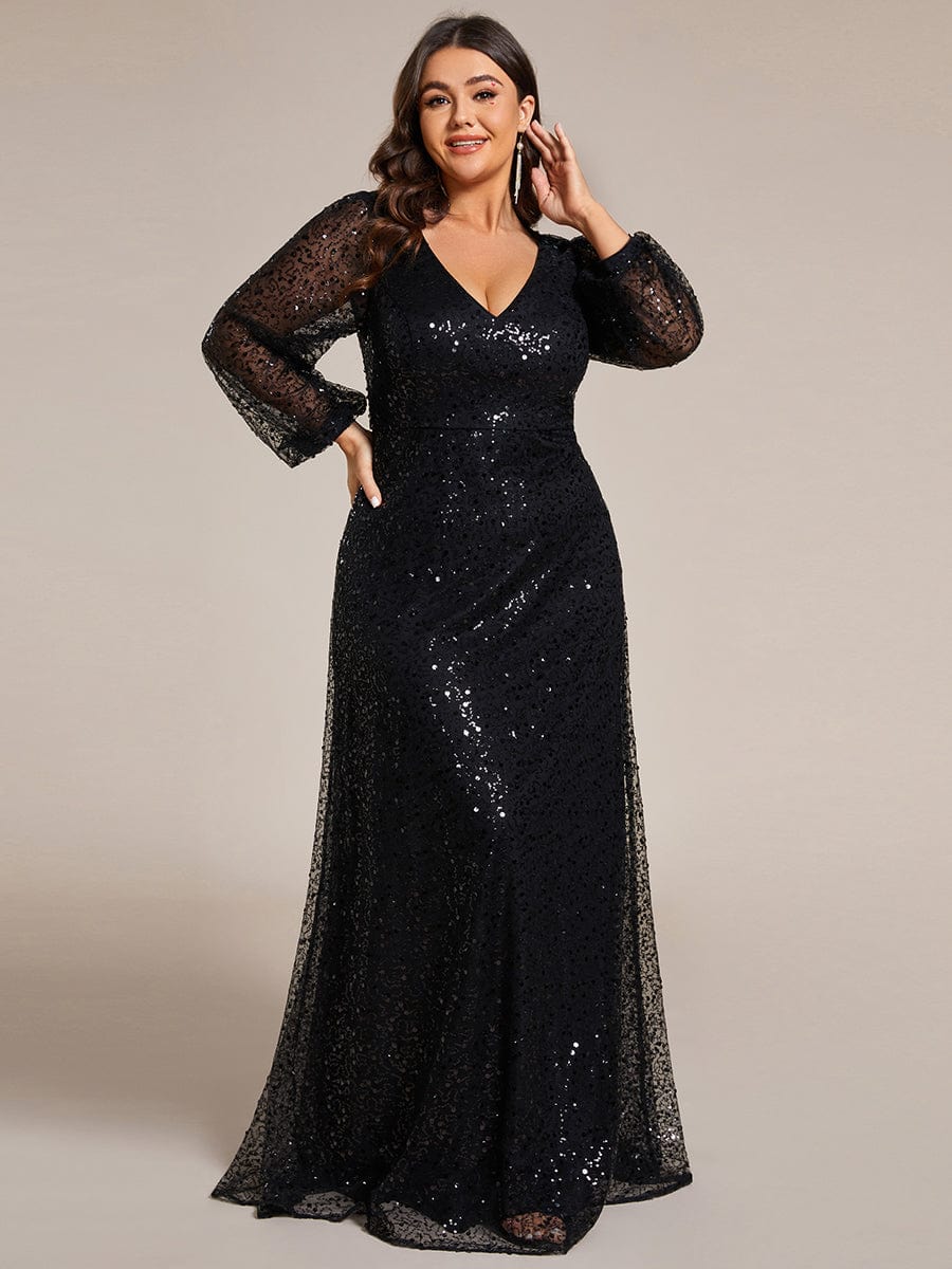 V-Neck Sequin A-Line Evening Dress with Lantern Sleeves for Plus Size Women