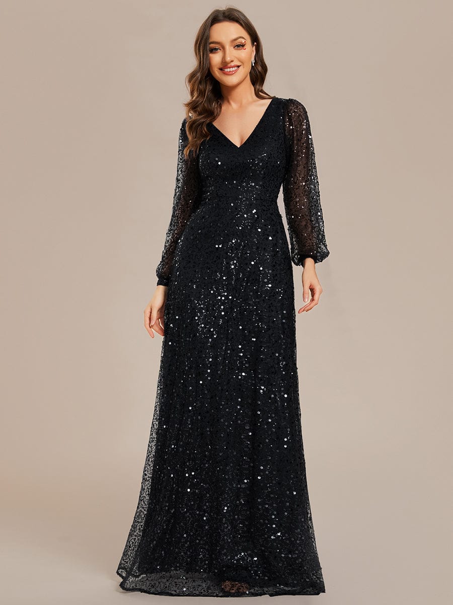 Glimmering V-Neck Sequin A-Line Evening Gown with Long Lantern Sleeves