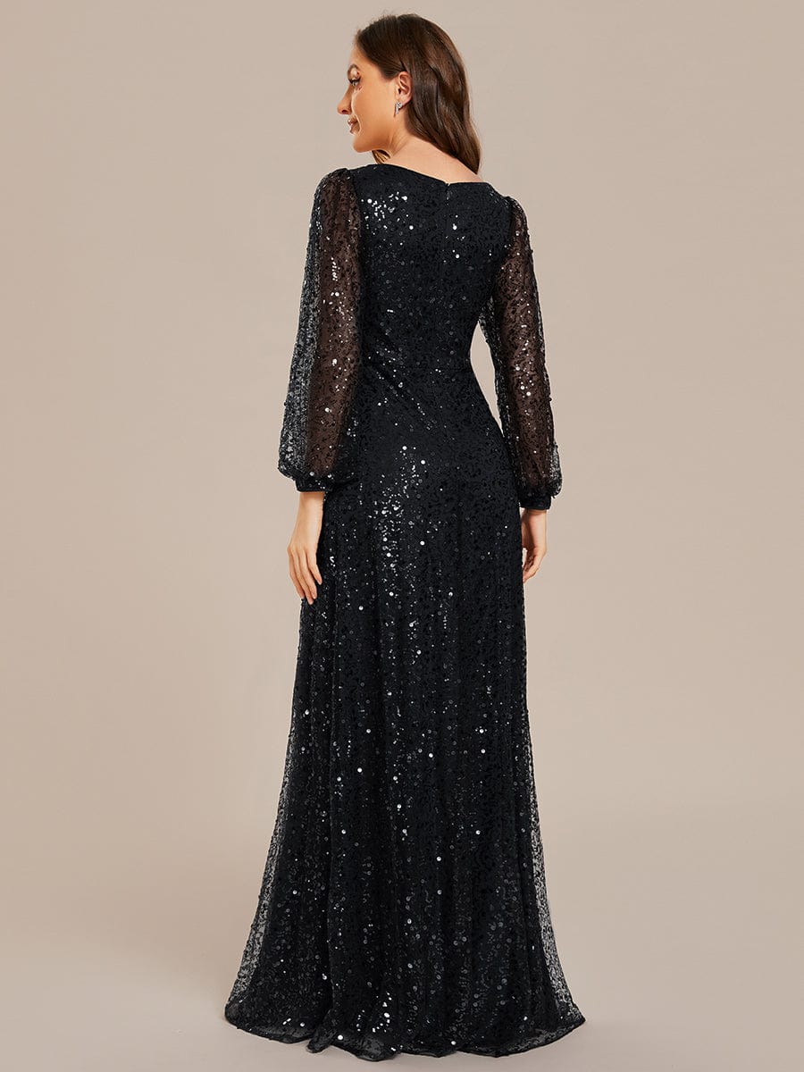 Glimmering V-Neck Sequin A-Line Evening Gown with Long Lantern Sleeves