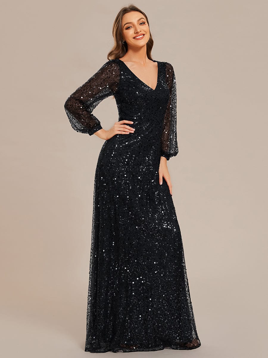 Glimmering V-Neck Sequin A-Line Evening Gown with Long Lantern Sleeves