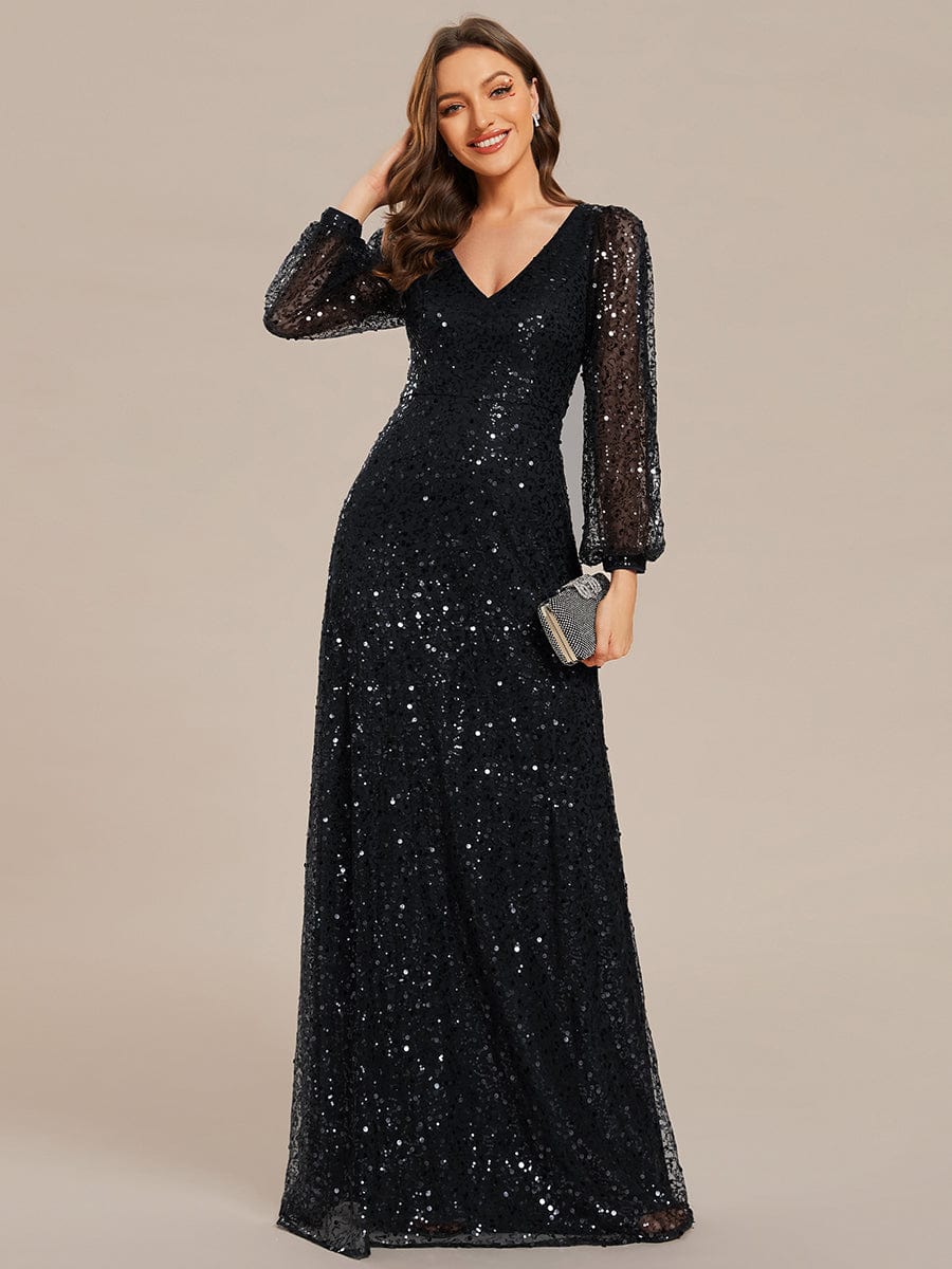 Glimmering V-Neck Sequin A-Line Evening Gown with Long Lantern Sleeves