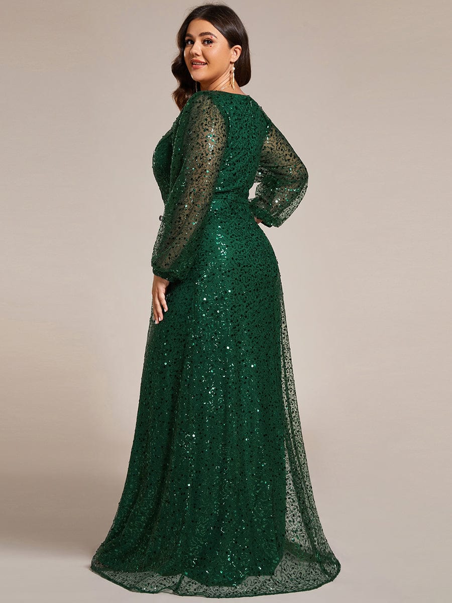 Glimmering V-Neck Sequin A-Line Evening Gown with Long Lantern Sleeves