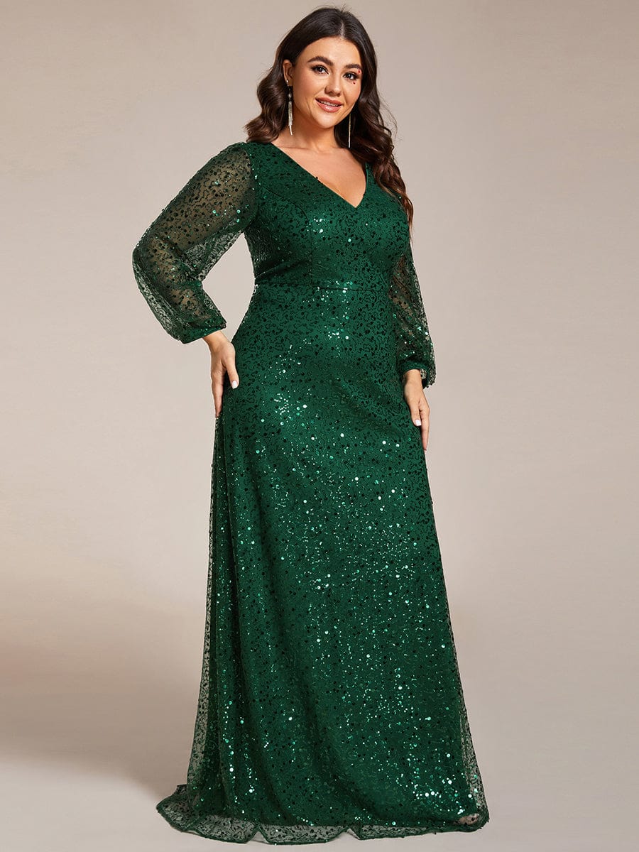 V-Neck Sequin A-Line Evening Dress with Lantern Sleeves for Plus Size Women