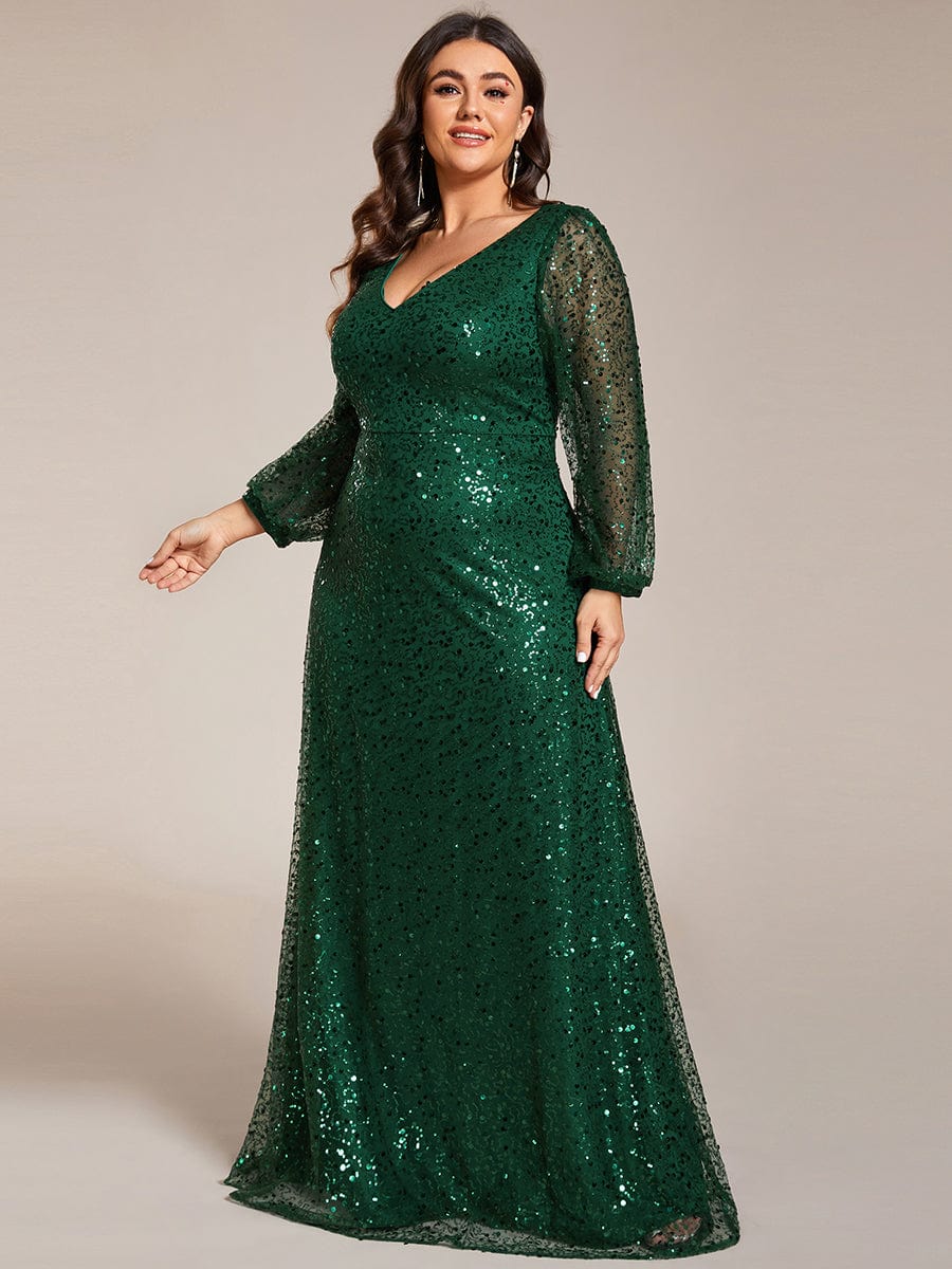 V-Neck Sequin A-Line Evening Dress with Lantern Sleeves for Plus Size Women