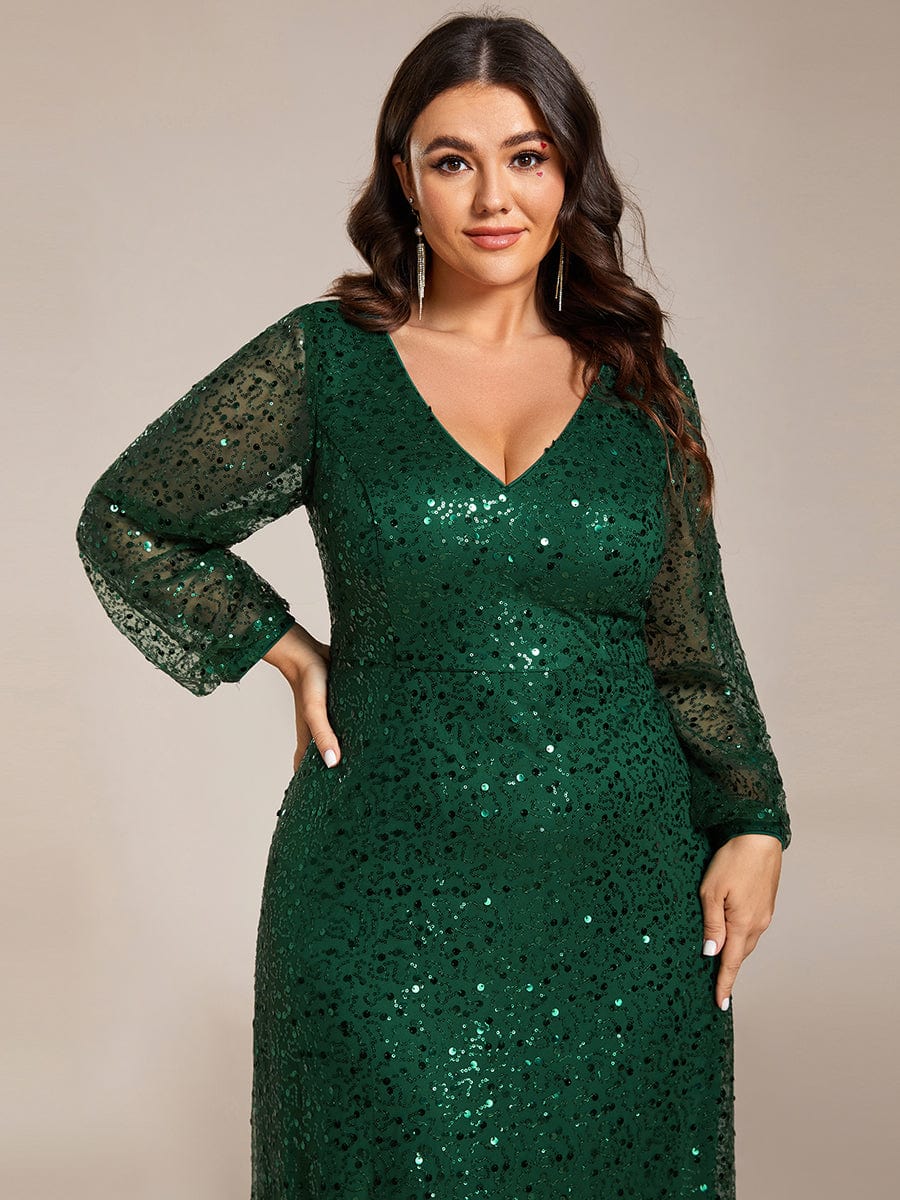 V-Neck Sequin A-Line Evening Dress with Lantern Sleeves for Plus Size Women
