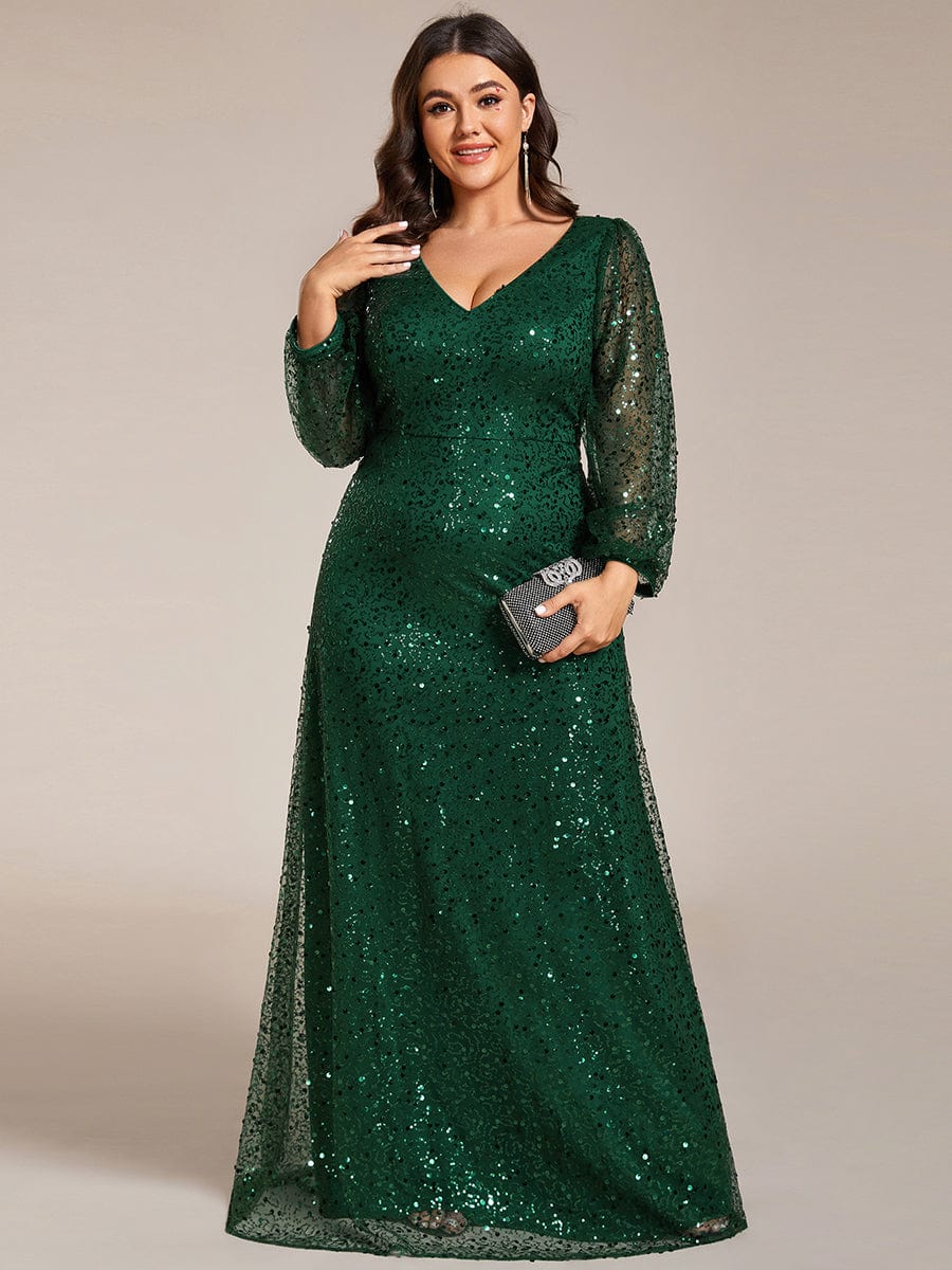 V-Neck Sequin A-Line Evening Dress with Lantern Sleeves for Plus Size Women