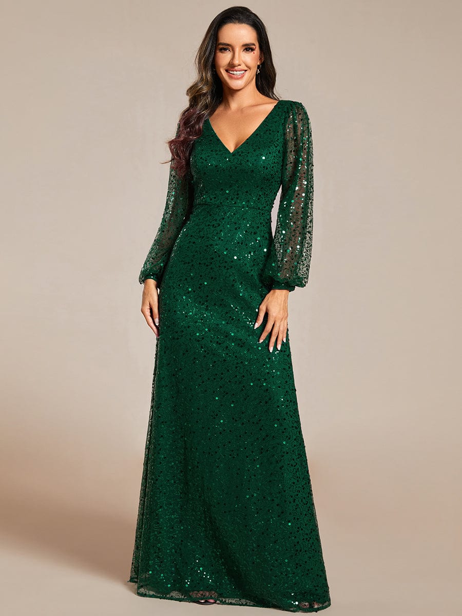 Glimmering V-Neck Sequin A-Line Evening Gown with Long Lantern Sleeves