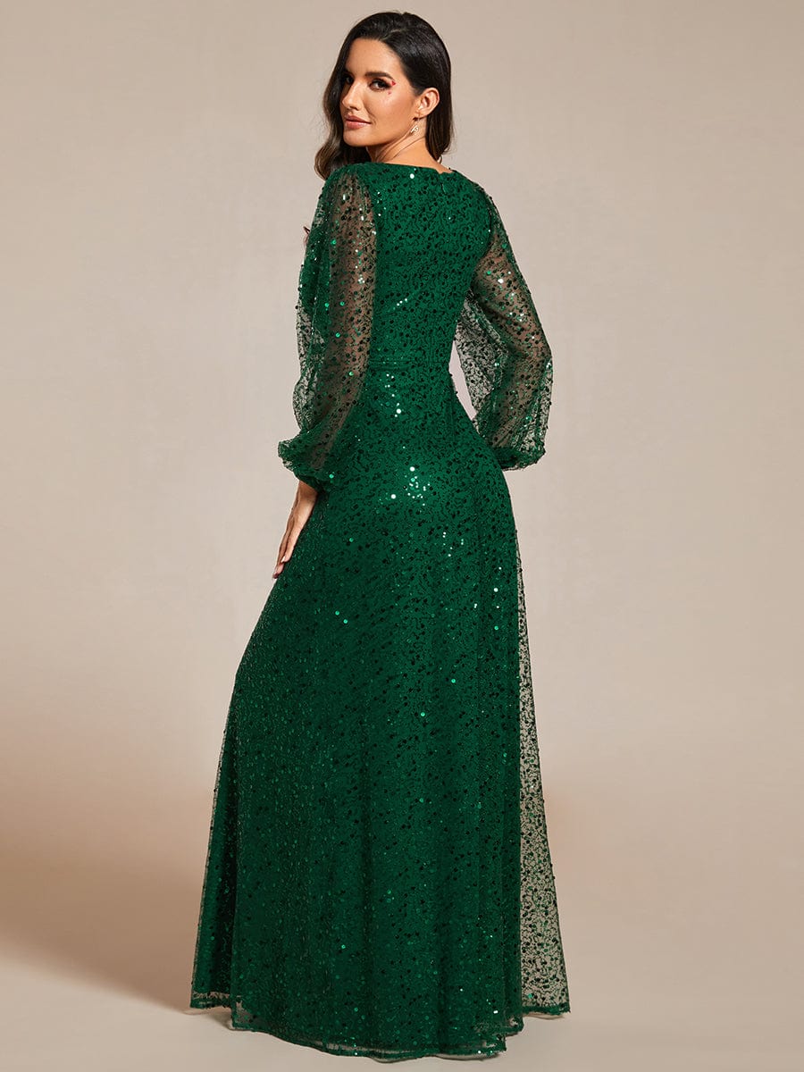 Glimmering V-Neck Sequin A-Line Evening Gown with Long Lantern Sleeves
