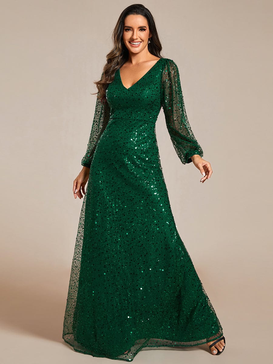 Glimmering V-Neck Sequin A-Line Evening Gown with Long Lantern Sleeves
