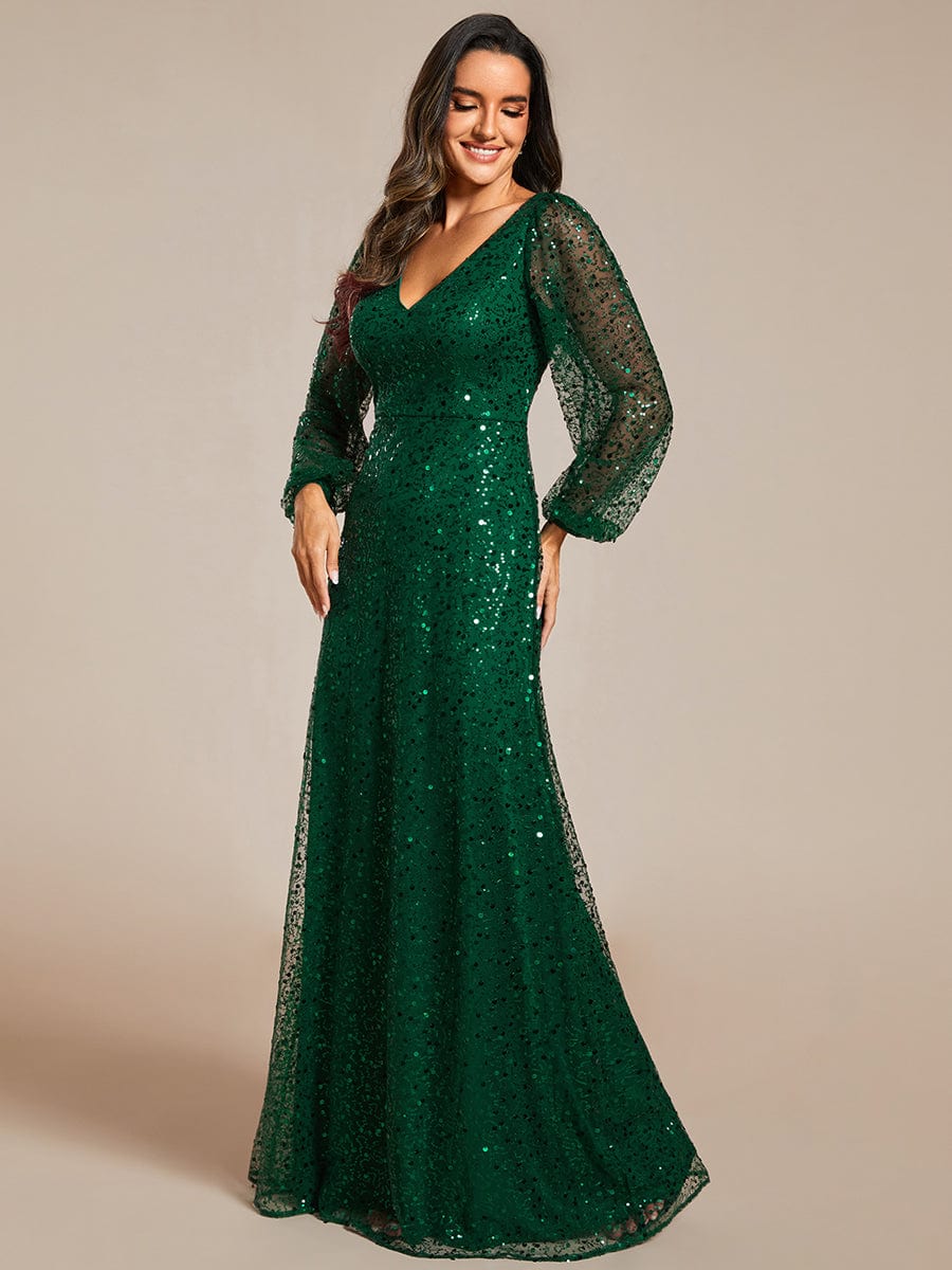 Glimmering V-Neck Sequin A-Line Evening Gown with Long Lantern Sleeves