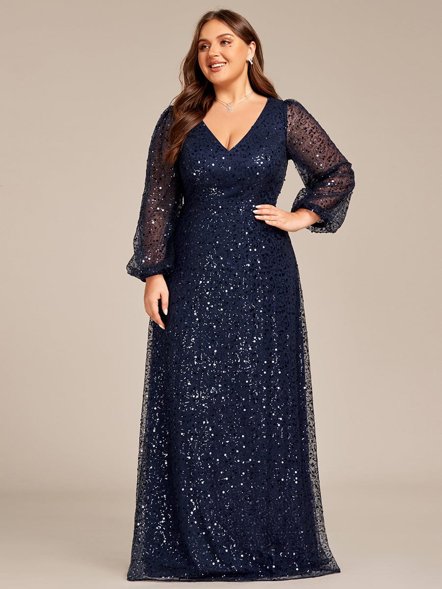 V-Neck Sequin A-Line Evening Dress with Lantern Sleeves for Plus Size Women