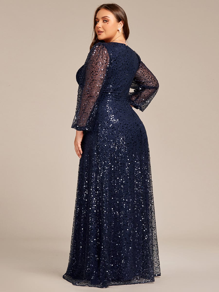 V-Neck Sequin A-Line Evening Dress with Lantern Sleeves for Plus Size Women