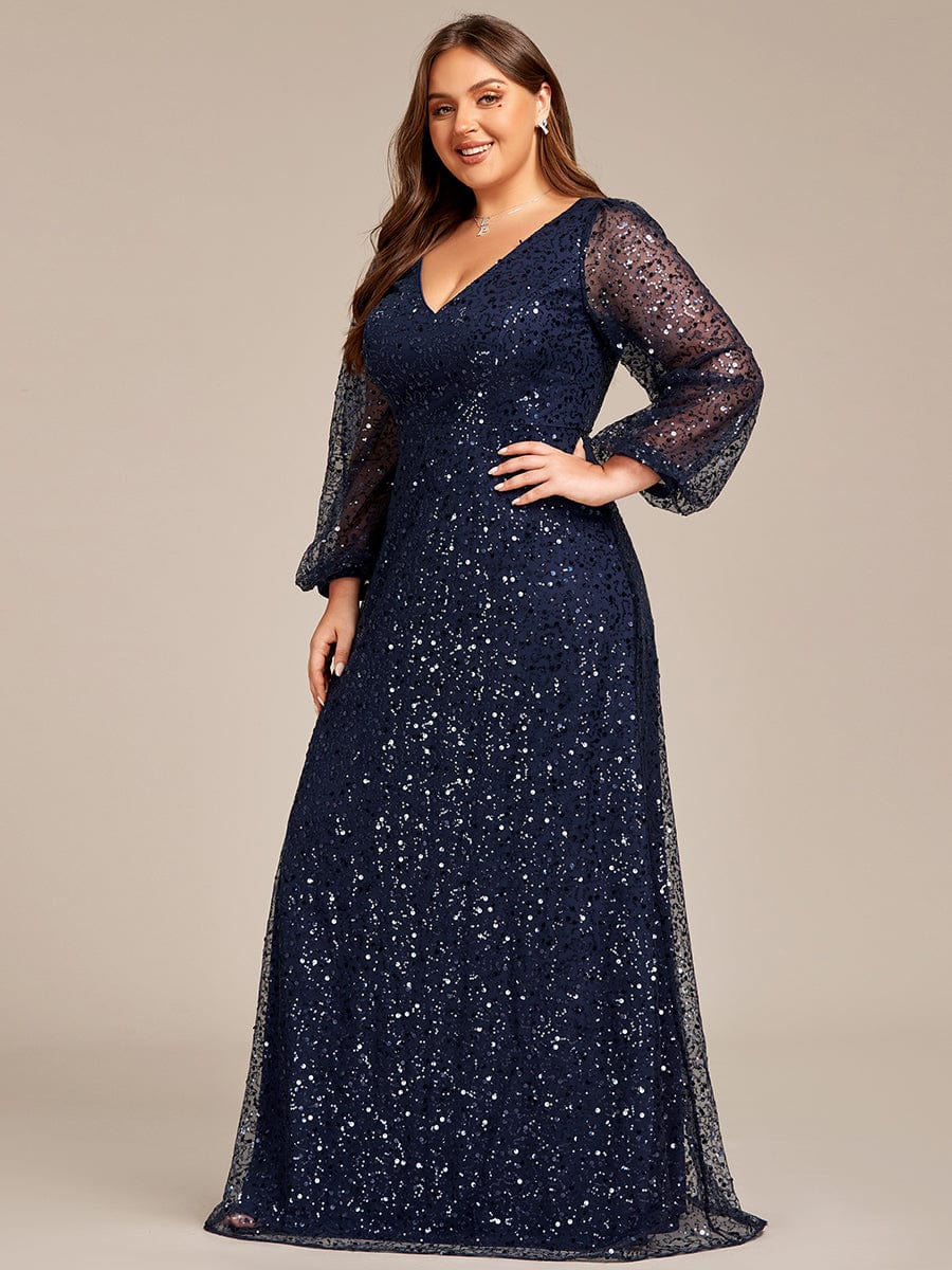 V-Neck Sequin A-Line Evening Dress with Lantern Sleeves for Plus Size Women