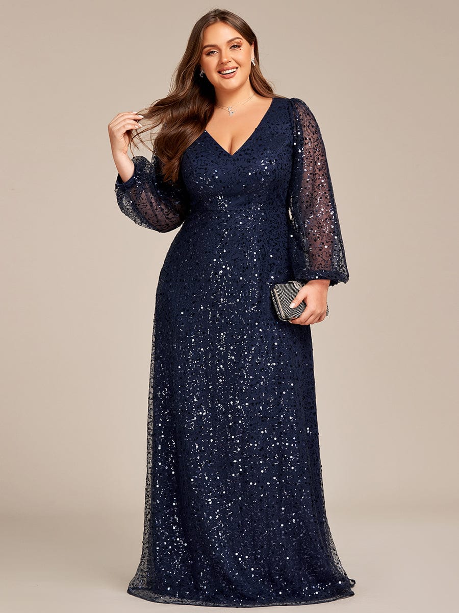 V-Neck Sequin A-Line Evening Dress with Lantern Sleeves for Plus Size Women