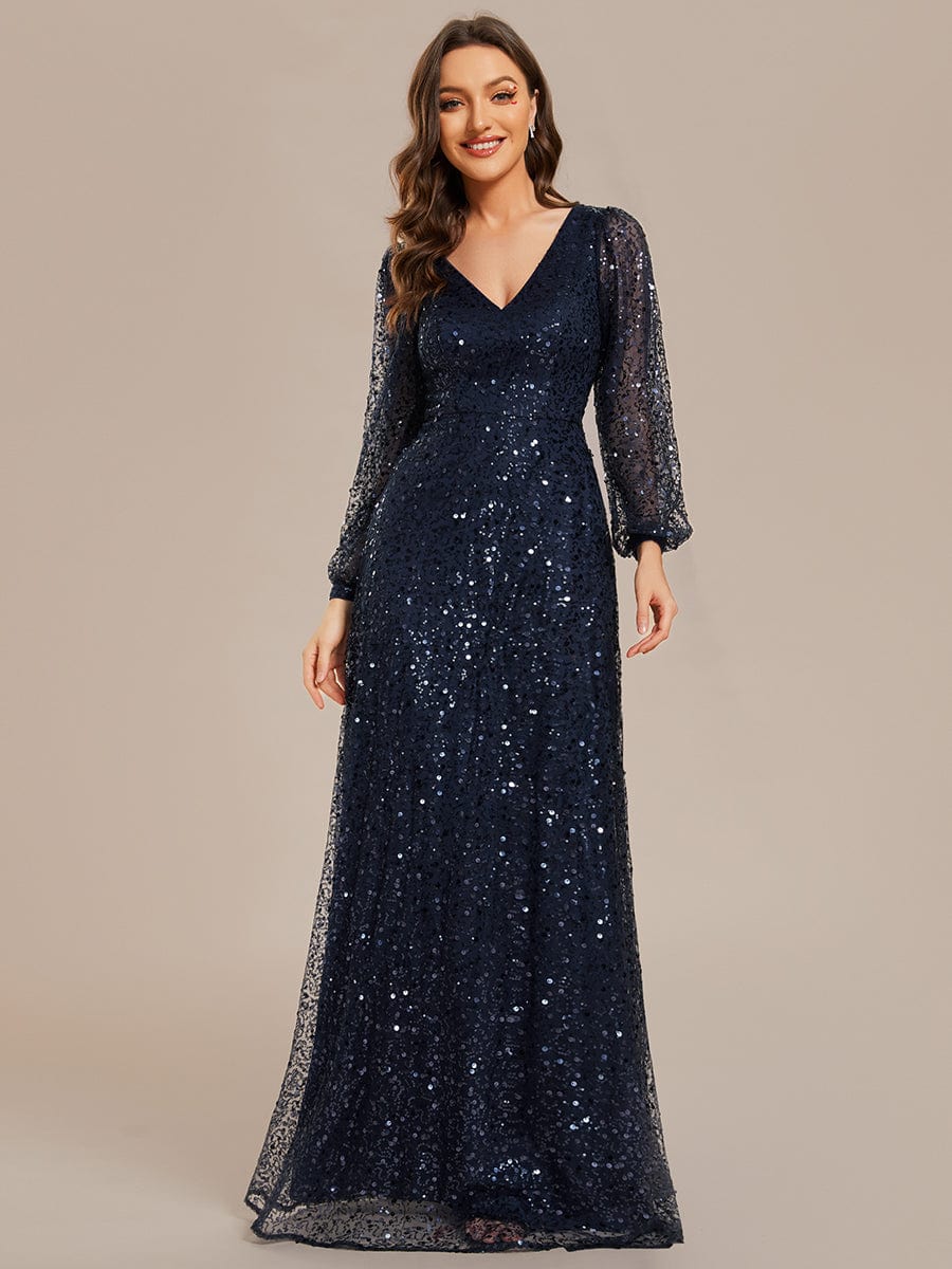 Glimmering V-Neck Sequin A-Line Evening Gown with Long Lantern Sleeves