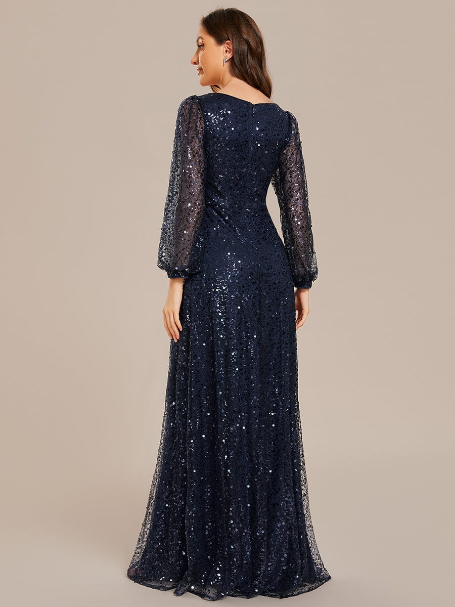 Glimmering V-Neck Sequin A-Line Evening Gown with Long Lantern Sleeves
