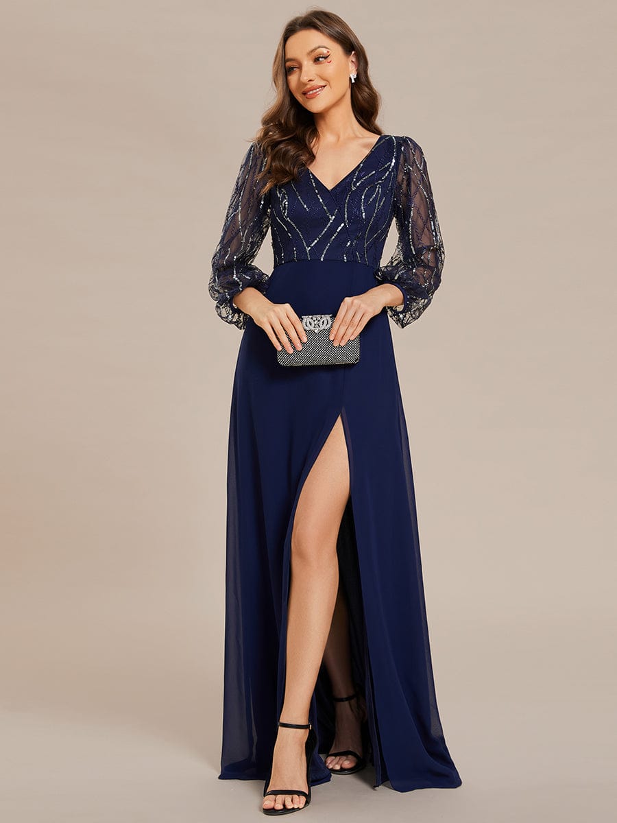 Sequin Embellished Sheer Long Sleeve A-Line Evening Gown