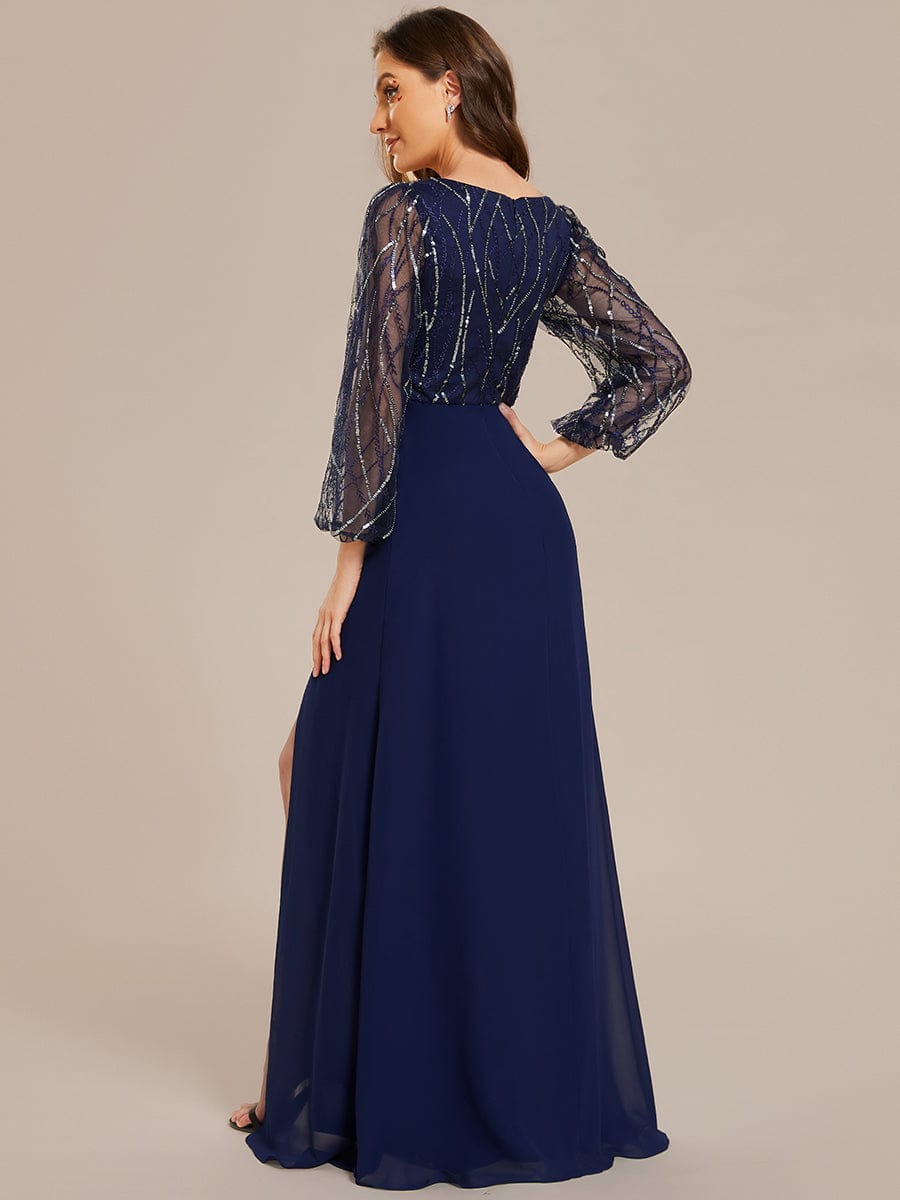 Sequin Embellished Sheer Long Sleeve A-Line Evening Gown