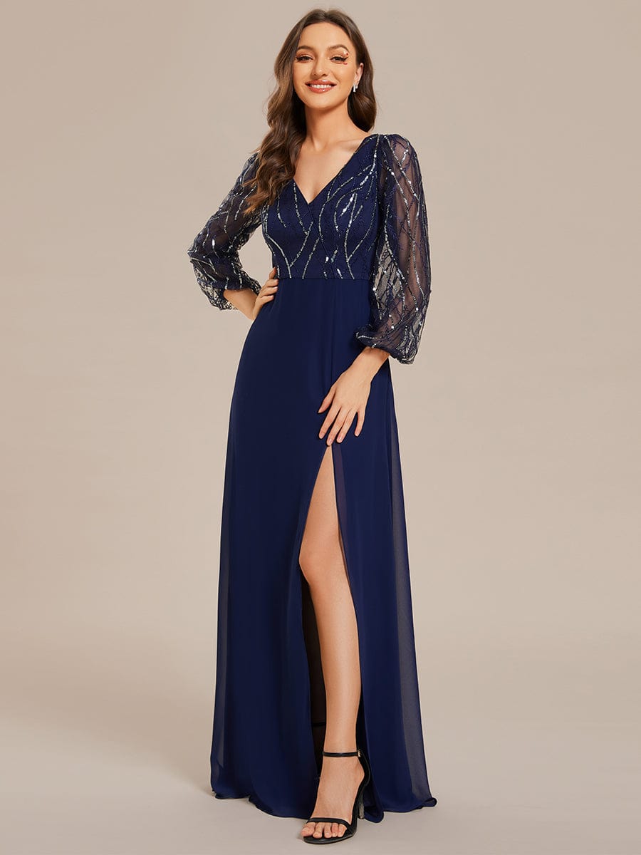 Sequin Embellished Sheer Long Sleeve A-Line Evening Gown
