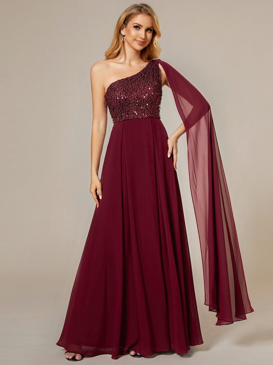 One Shoulder Sequin Bodice Chiffon Evening Gown