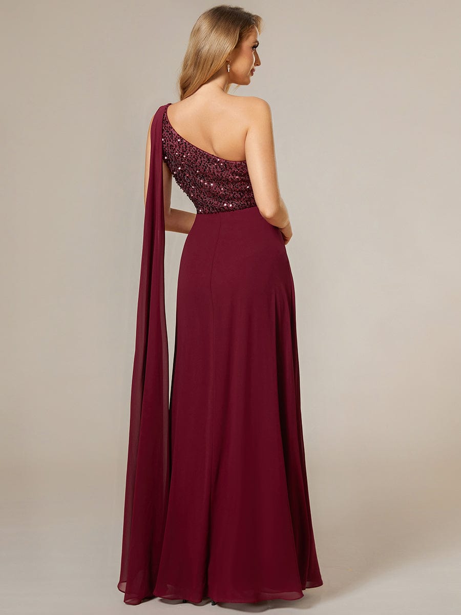 One Shoulder Sequin Bodice Chiffon Evening Gown