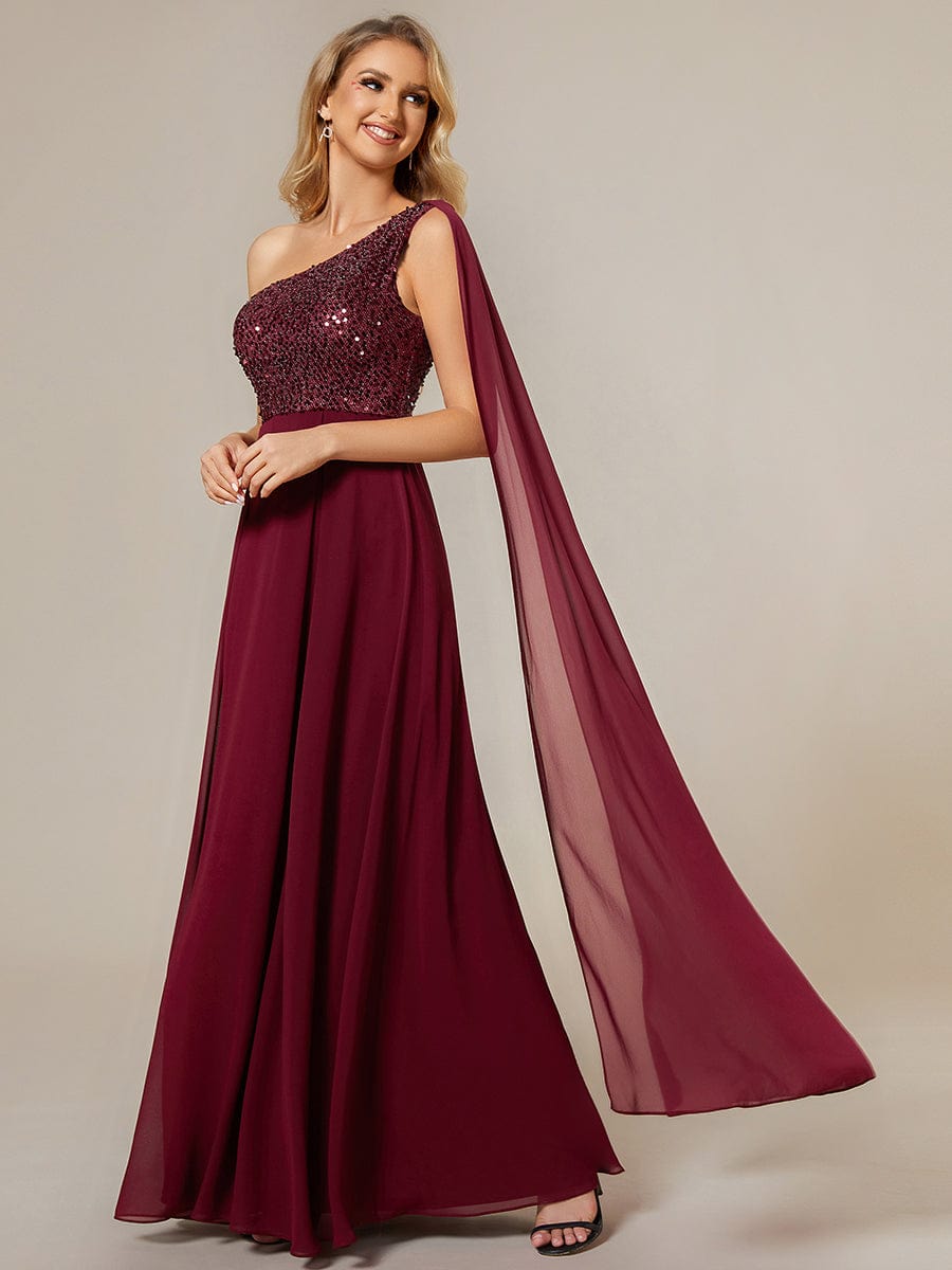 One Shoulder Sequin Bodice Chiffon Evening Gown