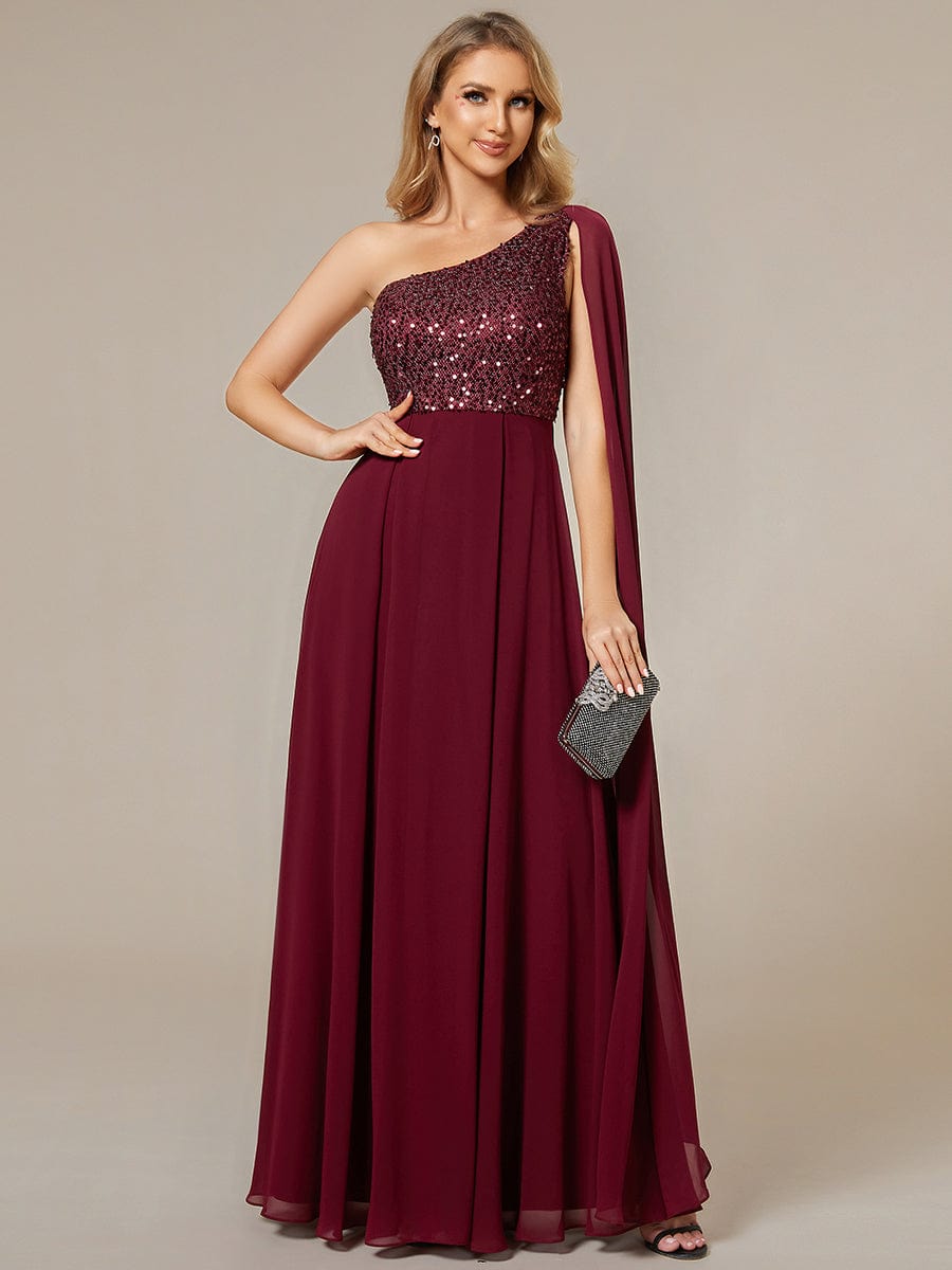 One Shoulder Sequin Bodice Chiffon Evening Gown