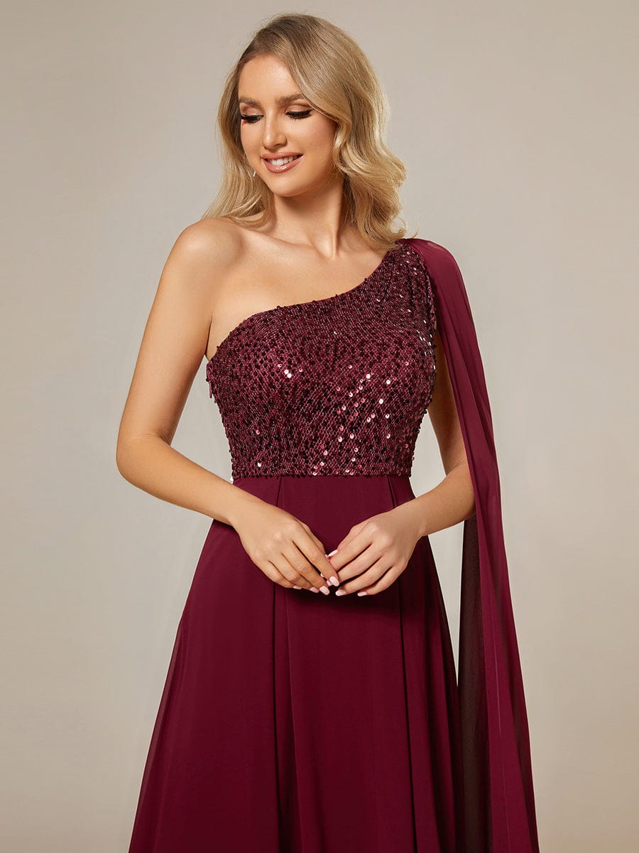 One Shoulder Sequin Bodice Chiffon Evening Gown
